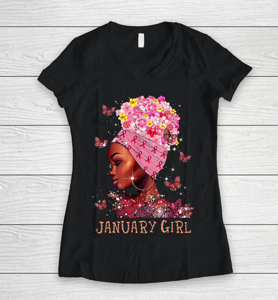 Womens Woman Breast Cancer Awareness Gift Tee January Girl Women V-Neck T-Shirt