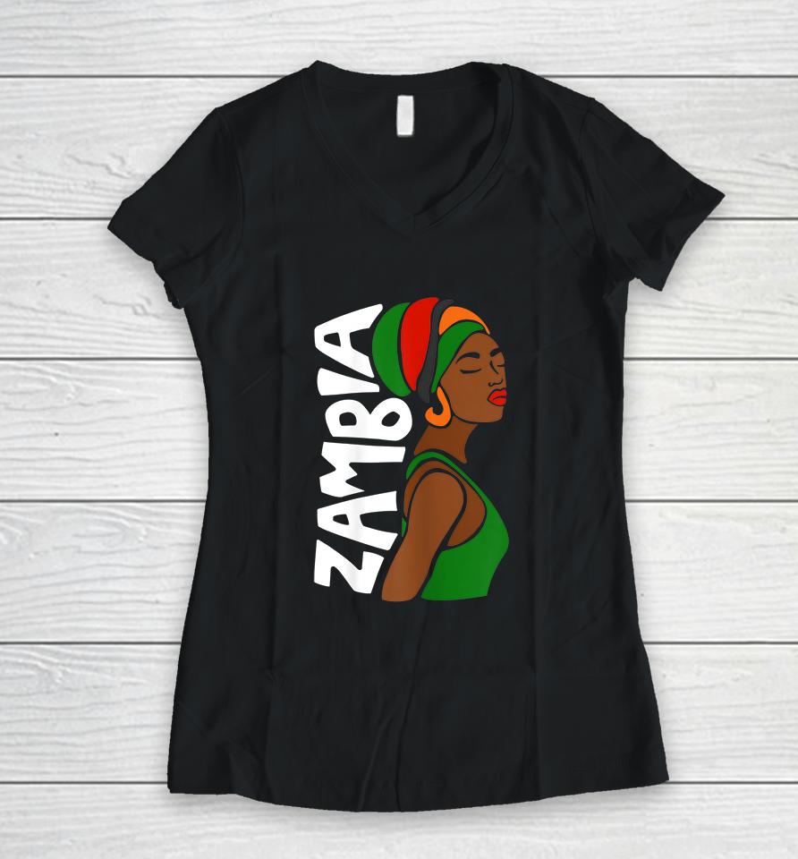 Womens  Zambia Zambian African Heritage Ethnic Traditional Women V-Neck T-Shirt