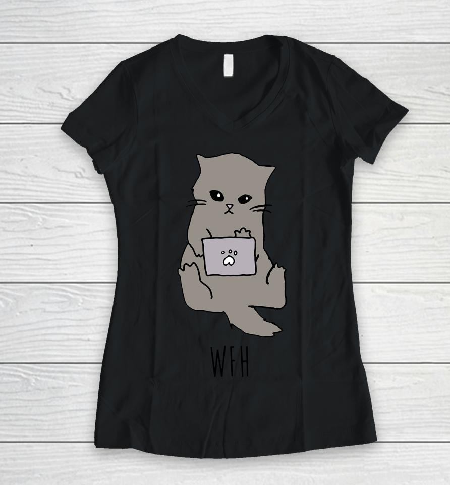 Work From Home Cat Women V-Neck T-Shirt