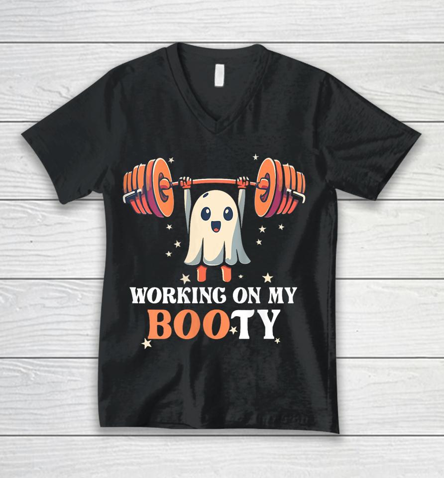 Working On My Boo Ty Funny Halloween Ghost Gym Workout Squat Unisex V-Neck T-Shirt