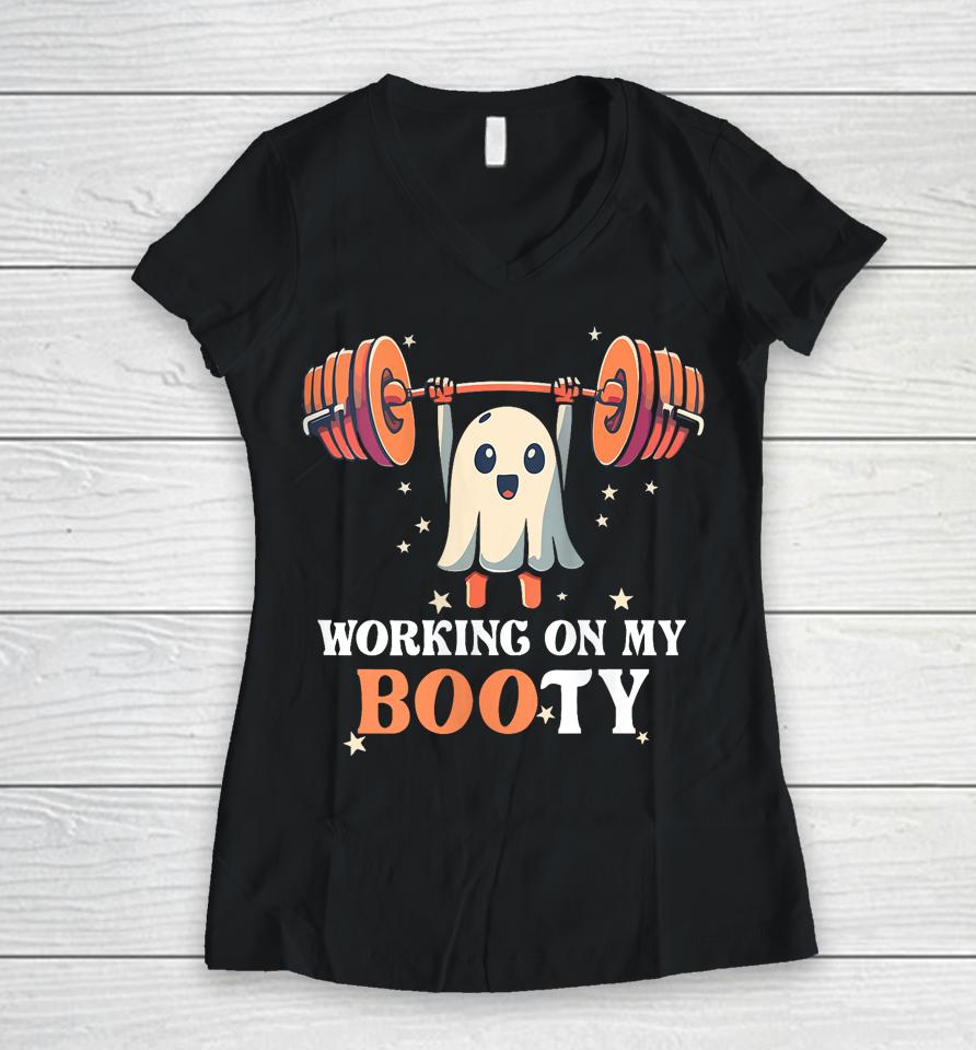 Working On My Boo Ty Funny Halloween Ghost Gym Workout Squat Women V-Neck T-Shirt