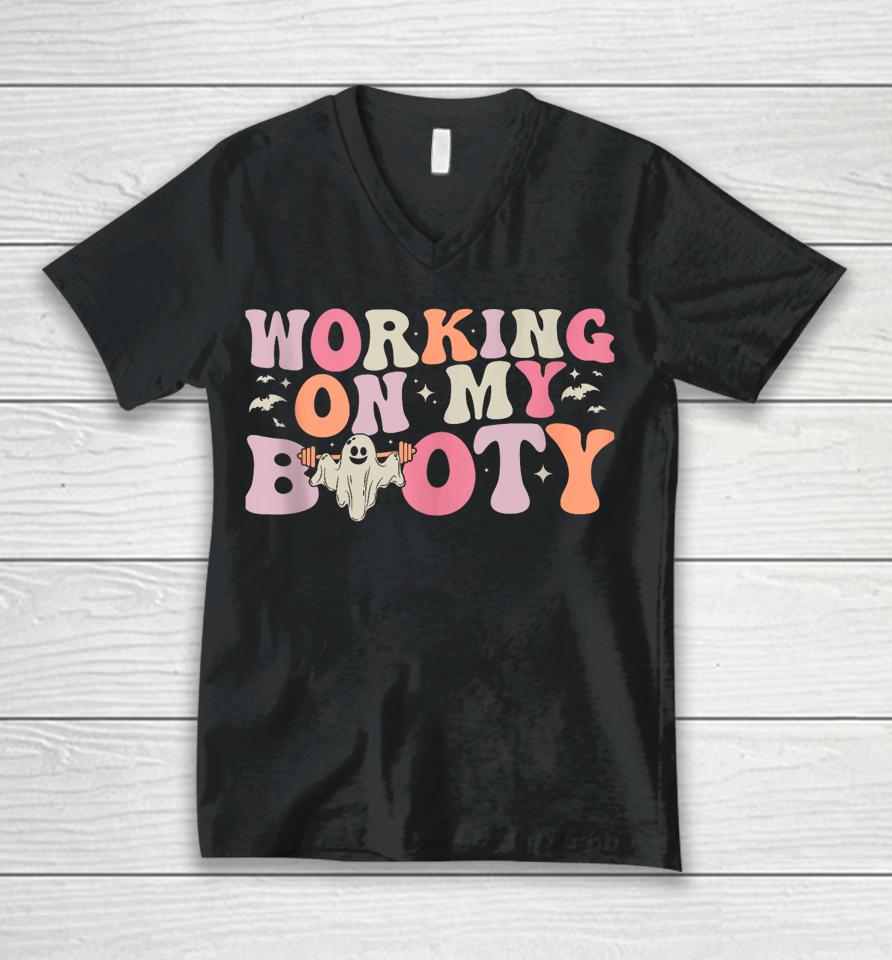 Working On My Booty Funny Gym Halloween Workout Ghost Unisex V-Neck T-Shirt