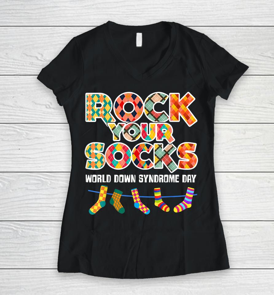 World Down Syndrome Day Rock Your Socks Awareness Women V-Neck T-Shirt