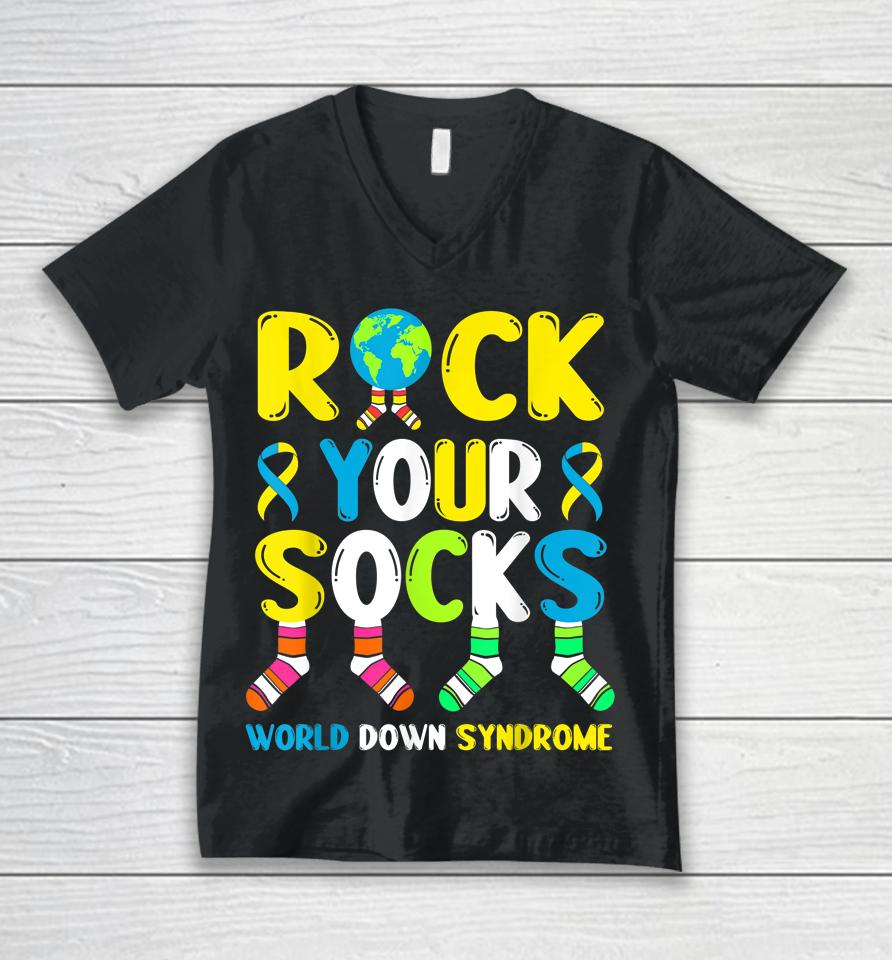 World Down Syndrome Day Rock Your Socks Awareness Unisex V-Neck T-Shirt
