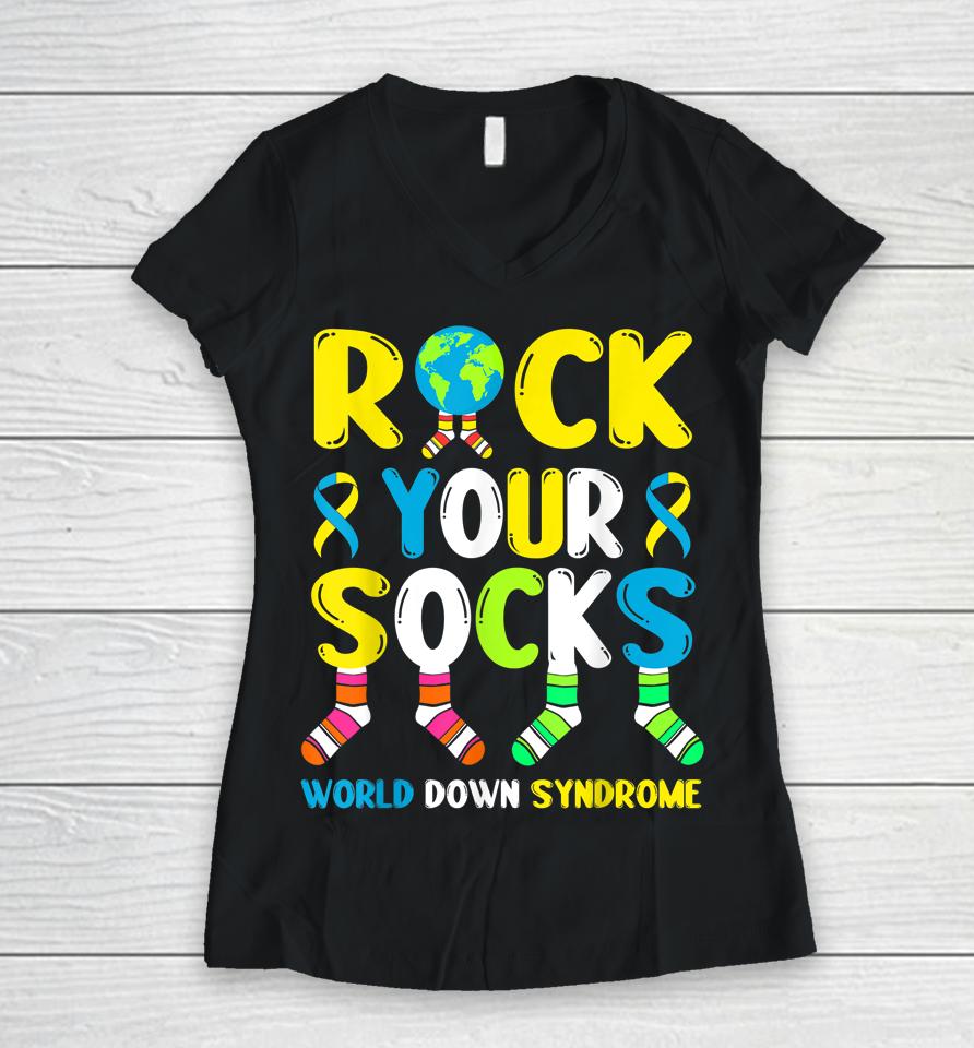 World Down Syndrome Day Rock Your Socks Awareness Women V-Neck T-Shirt