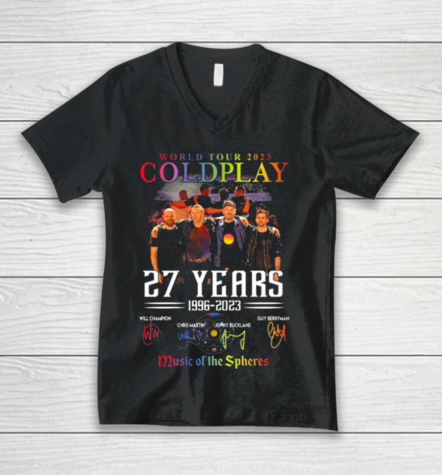 World Tour 2023 Coldplay 27 Years 1996 2023 Music Of The Spheres Signatures Unisex V-Neck T-Shirt