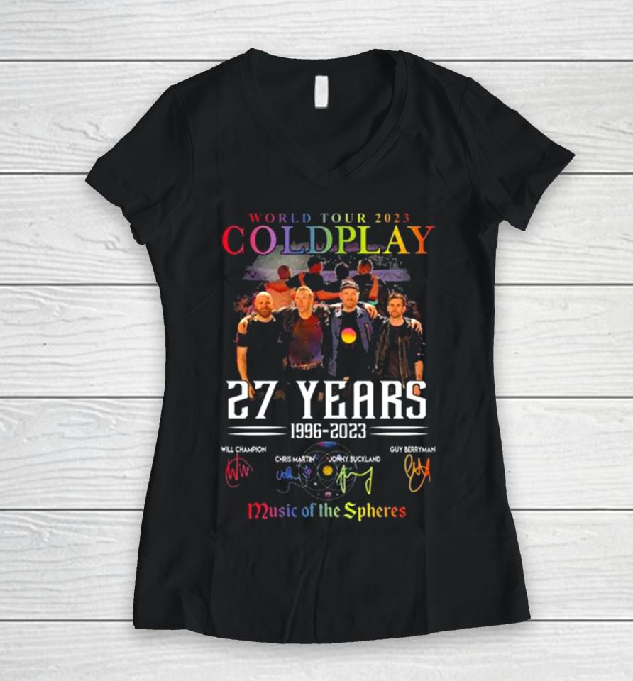 World Tour 2023 Coldplay 27 Years 1996 2023 Music Of The Spheres Signatures Women V-Neck T-Shirt