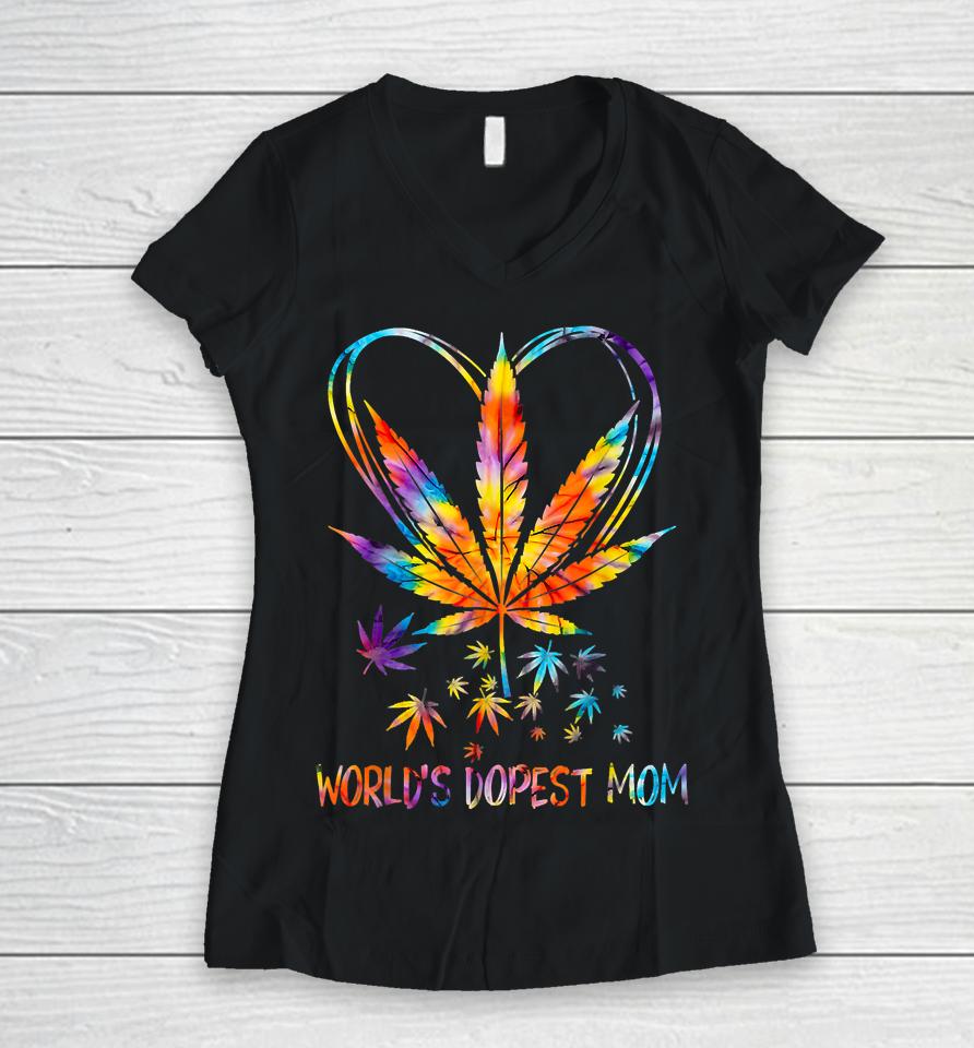 World's Dopest Mom Fun Weed Leaf 420 Sunflower Cool Cannabis Women V-Neck T-Shirt