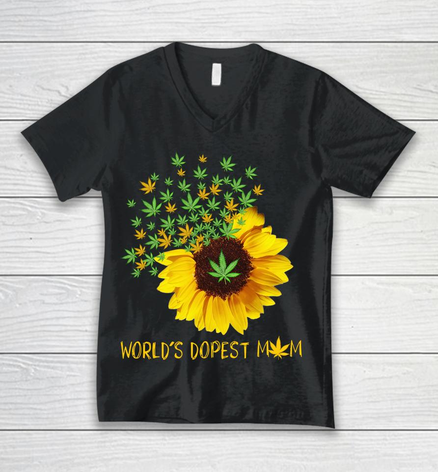 World's Dopest Mom Sunflower Weed Cannabis Funny Unisex V-Neck T-Shirt
