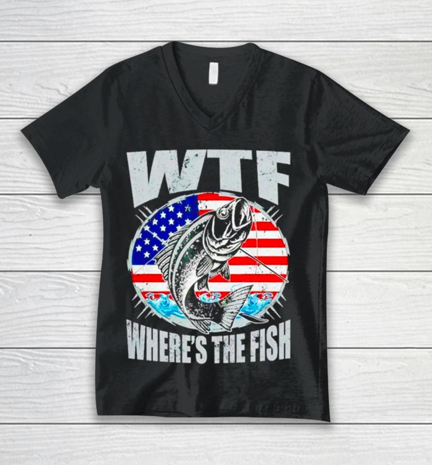 Wtf Where’s The Fish Usa Flag Unisex V-Neck T-Shirt