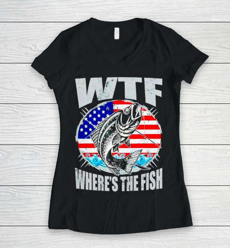 Wtf Where’s The Fish Usa Flag Women V-Neck T-Shirt