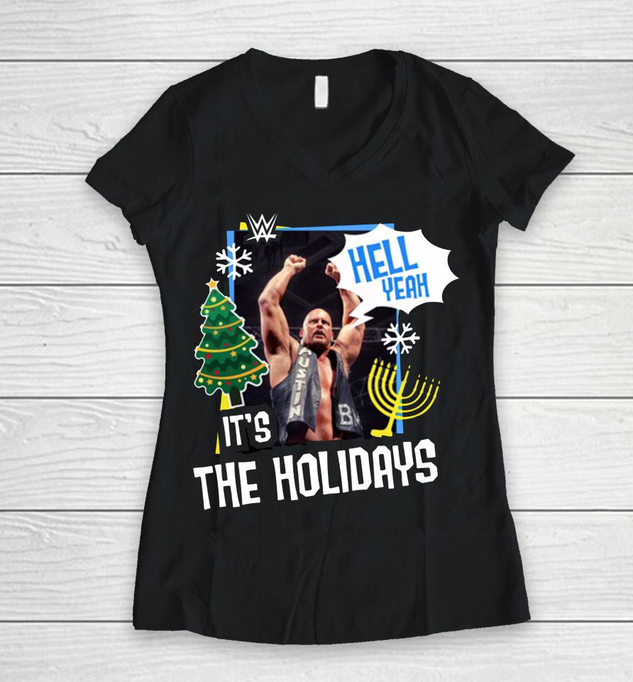 Wwe Shop Stone Cold Steve Austin Hell Yeah It's The Holidays Women V-Neck T-Shirt