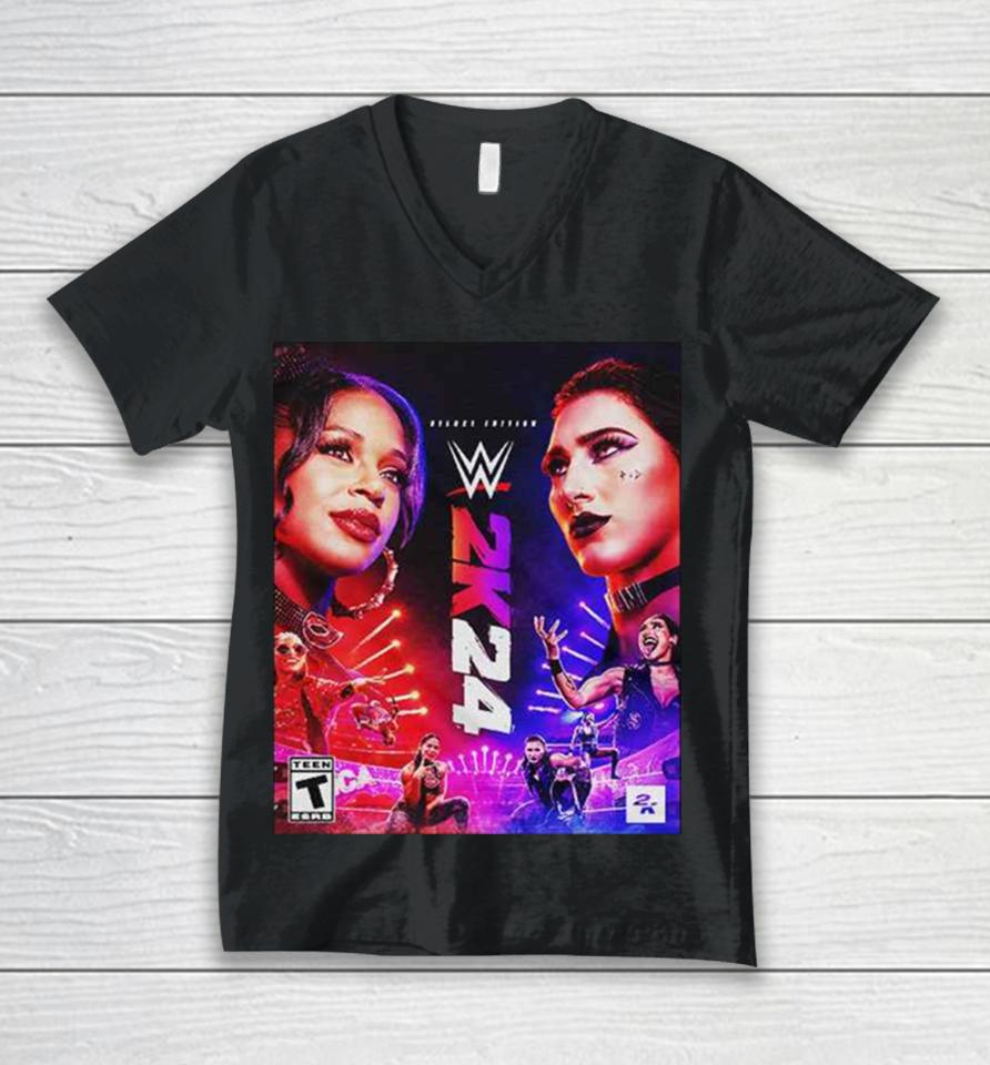 Wwe2K24 Deluxe Edition Two Groundbreaking Superstars One Historic Cover Rhea Ripley And Bianca Belair Unisex V-Neck T-Shirt