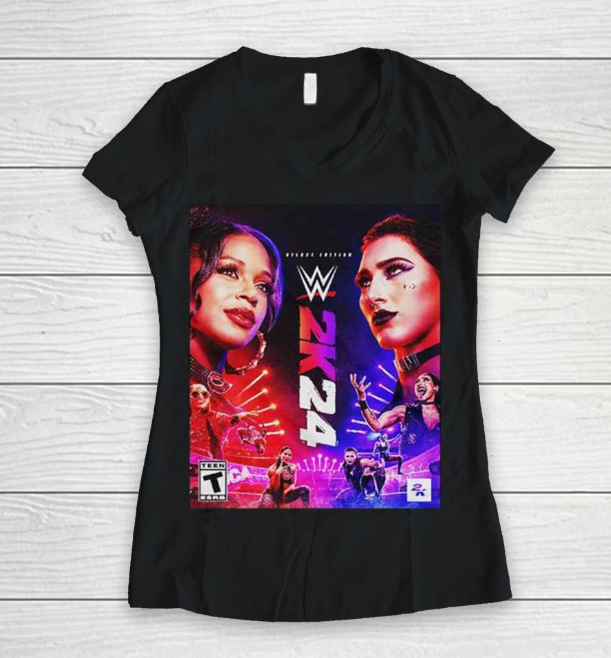 Wwe2K24 Deluxe Edition Two Groundbreaking Superstars One Historic Cover Rhea Ripley And Bianca Belair Women V-Neck T-Shirt