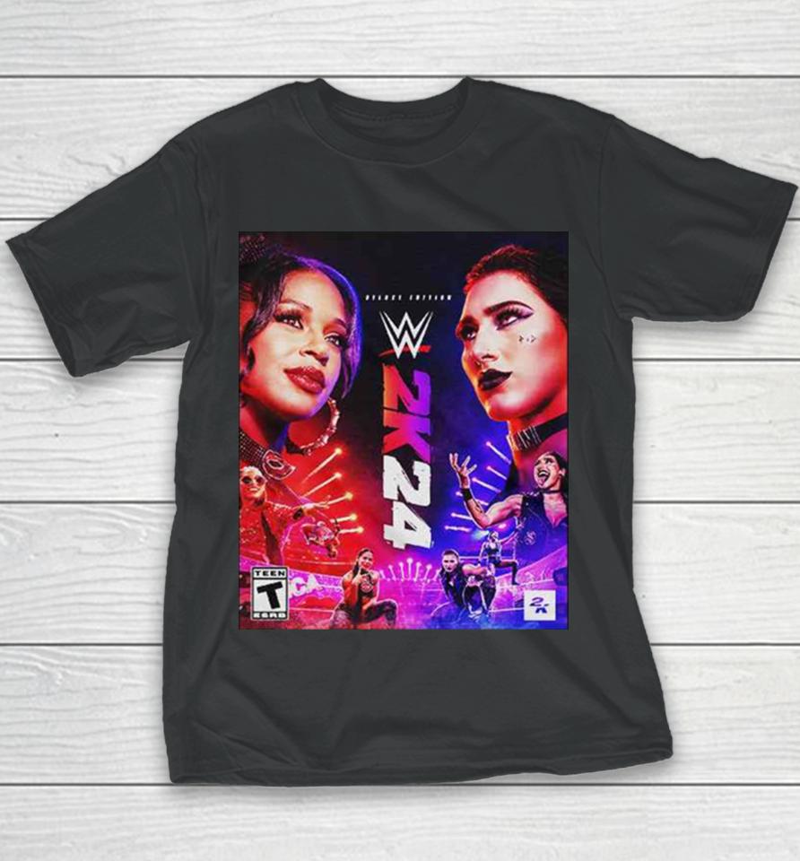 Wwe2K24 Deluxe Edition Two Groundbreaking Superstars One Historic Cover Rhea Ripley And Bianca Belair Youth T-Shirt