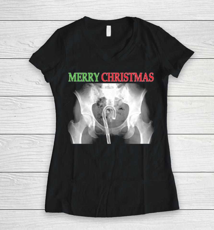 X Ray Merry Christmas Candy Cane Women V-Neck T-Shirt