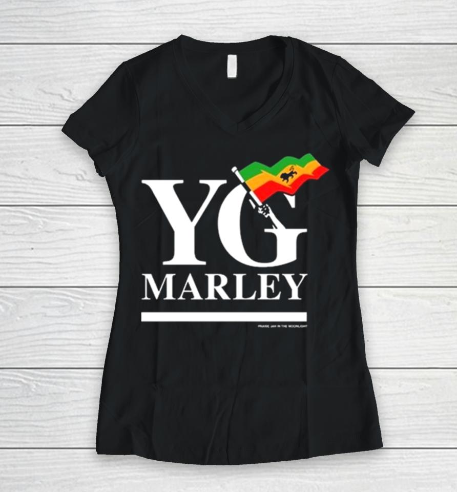 Yg Marley Flag Logo Praise Jah In The Moonlight Women V-Neck T-Shirt