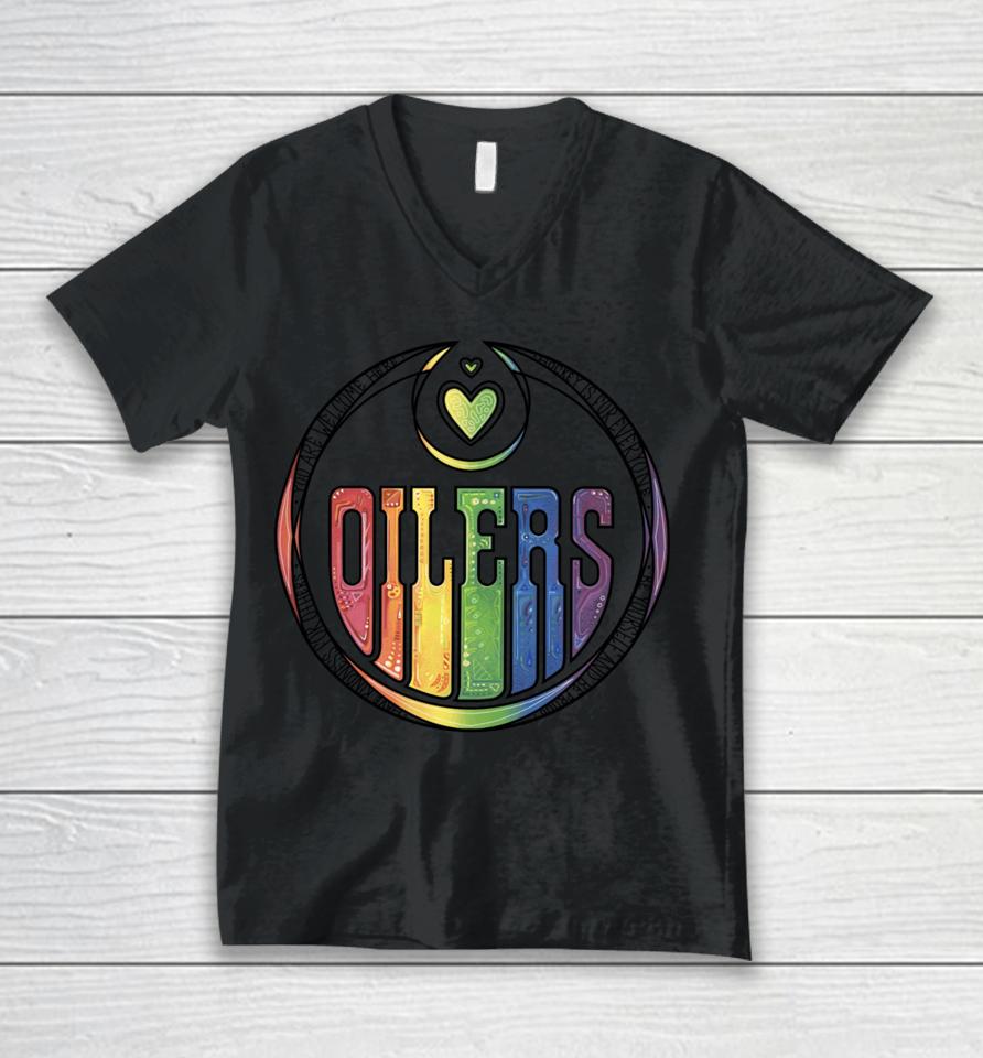 You Are Welcome Here Hockey Is For Everyone Oilers Have Kindness For Others Be Yourself And Be Proud Unisex V-Neck T-Shirt