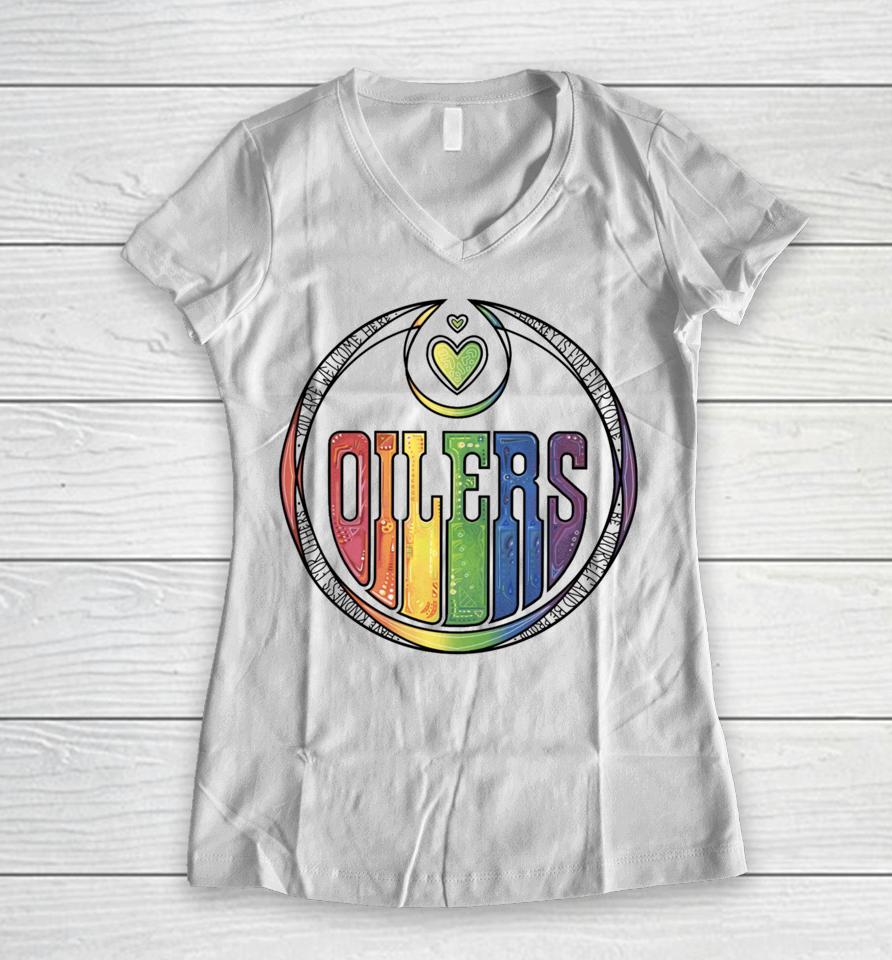 You Are Welcome Here Hockey Is For Everyone Oilers Women V-Neck T-Shirt