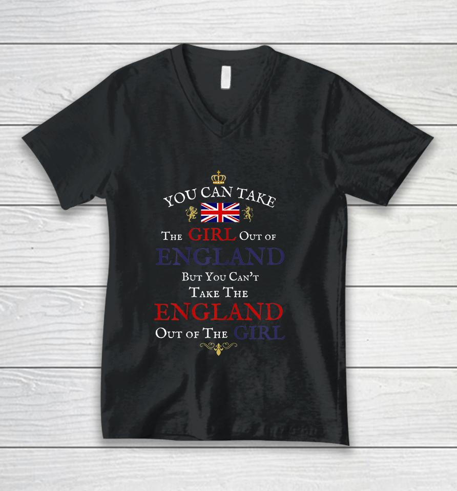 You Can Take The Girl Out Of England Women's Funny Brits Unisex V-Neck T-Shirt