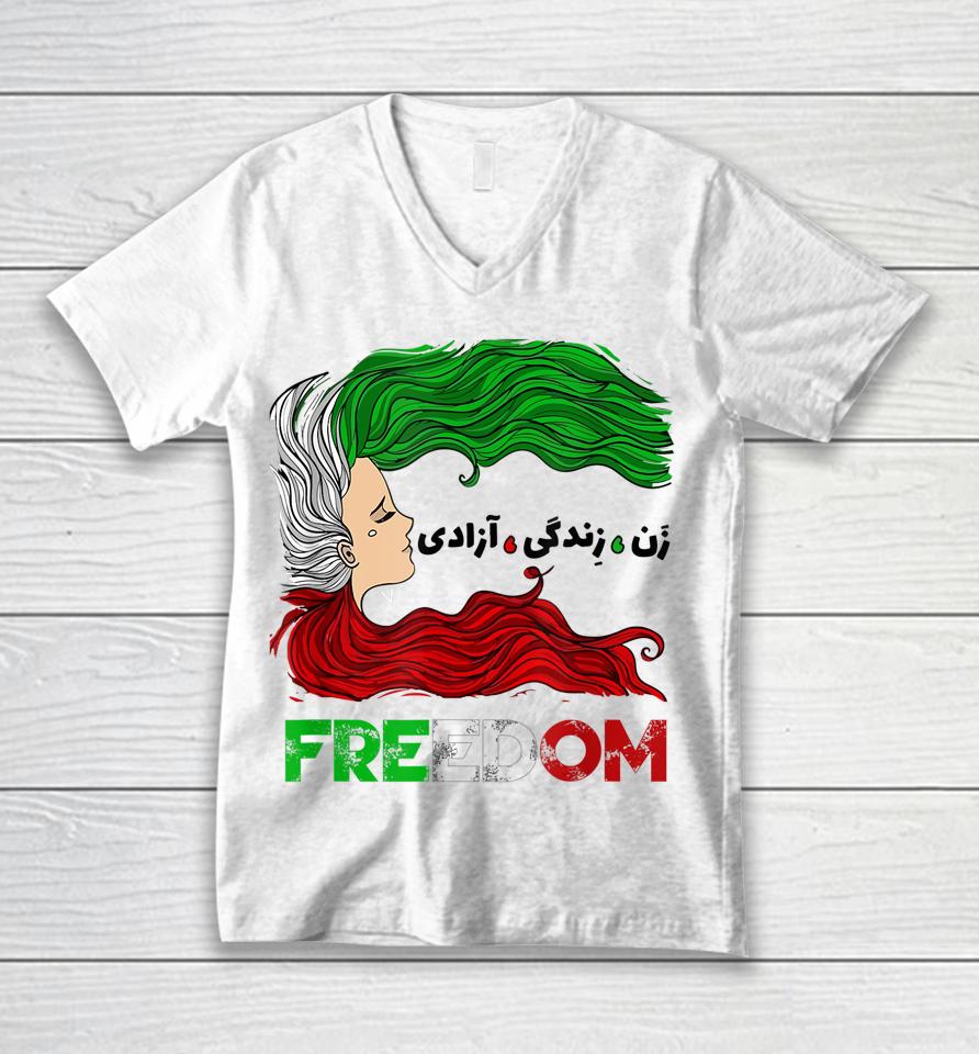 Zan Zendegi Azadi Iran Persian Woman Life Hair Freedom Unisex V-Neck T-Shirt