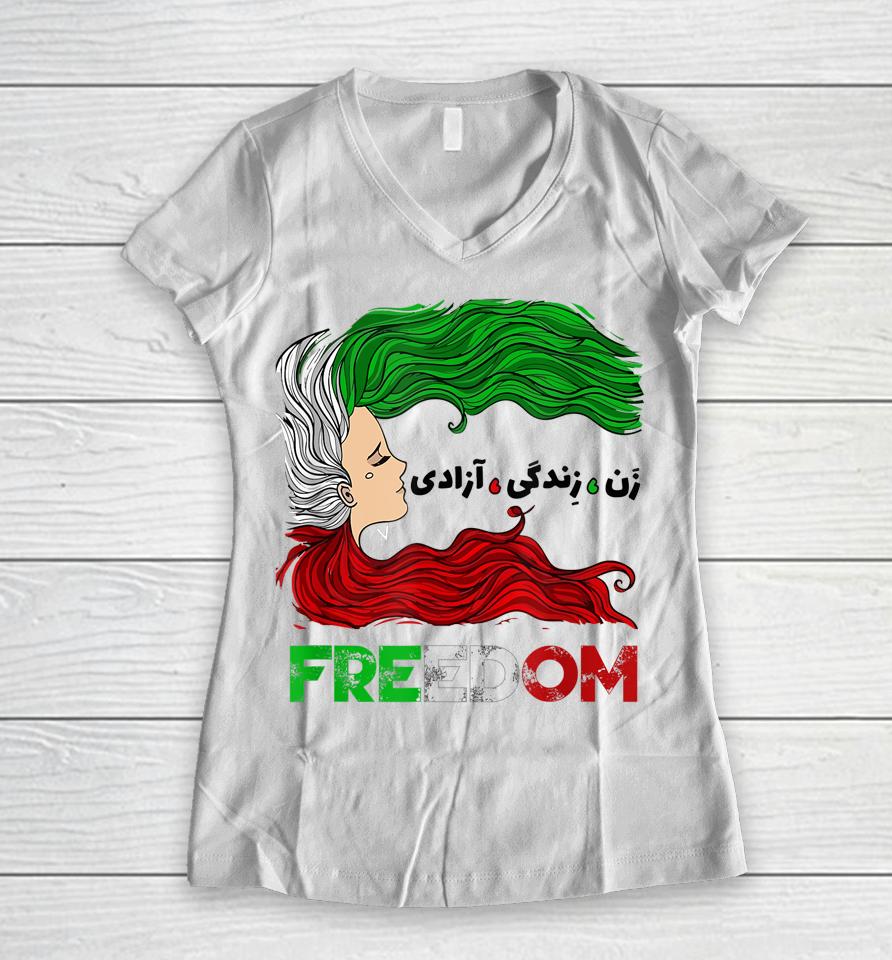 Zan Zendegi Azadi Iran Persian Woman Life Hair Freedom Women V-Neck T-Shirt