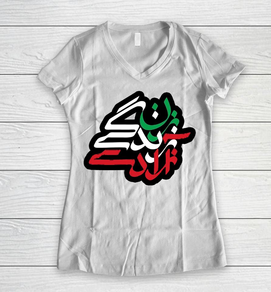 Zan Zendegi Azadi With Flag Colors Women Life Freedom Women V-Neck T-Shirt