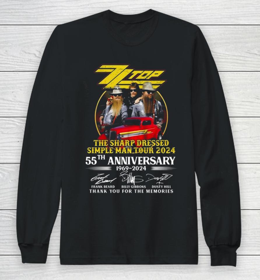 Zz Top The Sharp Dressed Simple Man Tour 2024 55Th Anniversary 1969 2024 Thank You For The Memories Signatures Long Sleeve T-Shirt