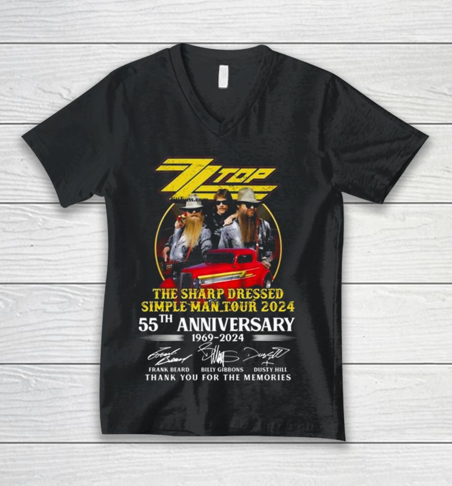 Zz Top The Sharp Dressed Simple Man Tour 2024 55Th Anniversary 1969 2024 Thank You For The Memories Signatures Unisex V-Neck T-Shirt