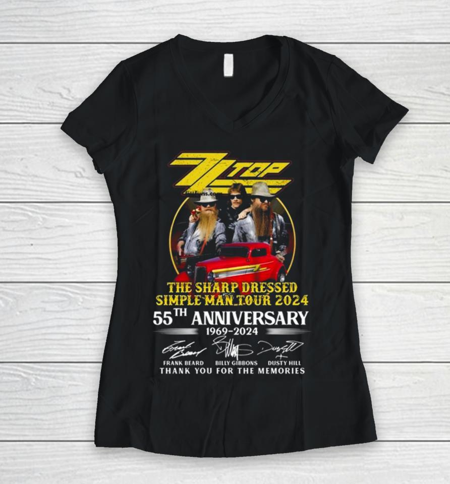 Zz Top The Sharp Dressed Simple Man Tour 2024 55Th Anniversary 1969 2024 Thank You For The Memories Signatures Women V-Neck T-Shirt